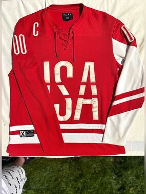 10.Deep Red and White Lace-Up USA Hockey Jersey